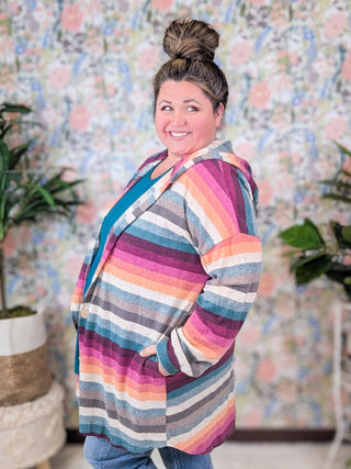 Patsy Multi Stripe Button Front Hooded Cardigan-4- Overlayer Tops-HEIMISH-Styled by Stacked - A Plus Size Women's Boutique in Lakeville, MN