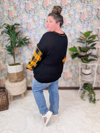 Laura Buffalo Plaid Accent Top in Black + Butterscotch-2- Long Sleeve Tops-HAPTICS-Styled by Stacked - A Plus Size Women's Boutique in Lakeville, MN