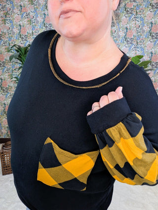 Laura Buffalo Plaid Accent Top in Black + Butterscotch-2- Long Sleeve Tops-HAPTICS-Styled by Stacked - A Plus Size Women's Boutique in Lakeville, MN