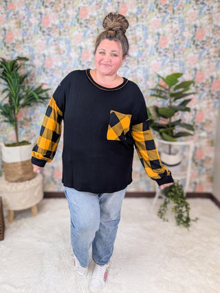 Laura Buffalo Plaid Accent Top in Black + Butterscotch-2- Long Sleeve Tops-HAPTICS-Styled by Stacked - A Plus Size Women's Boutique in Lakeville, MN