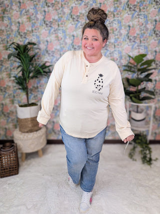 SALE- Boo-Haw Long Sleeve Henley in Cream-6- Graphic Tops-SEW IN LOVE-Styled by Stacked - A Plus Size Women's Boutique in Lakeville, MN