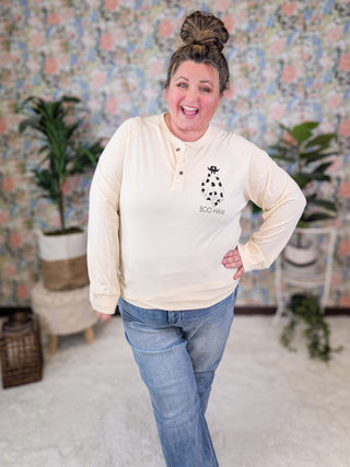SALE- Boo-Haw Long Sleeve Henley in Cream-6- Graphic Tops-SEW IN LOVE-Styled by Stacked - A Plus Size Women's Boutique in Lakeville, MN