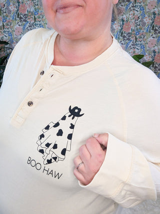 SALE- Boo-Haw Long Sleeve Henley in Cream-6- Graphic Tops-SEW IN LOVE-Styled by Stacked - A Plus Size Women's Boutique in Lakeville, MN