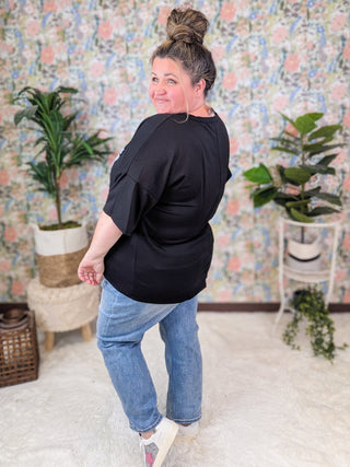 SALE- More Boos Short Sleeve Sweatshirt-Tee in Black-6- Graphic Tops-SEW IN LOVE-Styled by Stacked - A Plus Size Women's Boutique in Lakeville, MN