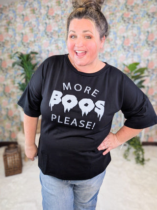 SALE- More Boos Short Sleeve Sweatshirt-Tee in Black-6- Graphic Tops-SEW IN LOVE-Styled by Stacked - A Plus Size Women's Boutique in Lakeville, MN