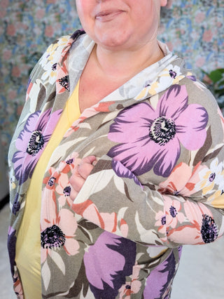 Shaylee Bold Floral Open Front Hooded Cardigan-4- Overlayer Tops-HEIMISH-Styled by Stacked - A Plus Size Women's Boutique in Lakeville, MN