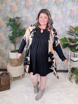 Trinity Artistic Floral Kimono in Taupe, Black + Tangerine-4- Overlayer Tops-urbanista-Styled by Stacked - A Plus Size Women's Boutique in Lakeville, MN
