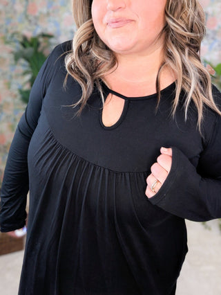 Cece Lightweight Long Sleeve Black Dress w/Keyhole-11- Dress/Romp/Jump-WHITE BIRCH-Styled by Stacked - A Plus Size Women's Boutique in Lakeville, MN