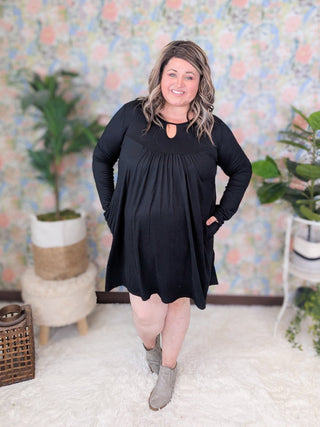 Cece Lightweight Long Sleeve Black Dress w/Keyhole-11- Dress/Romp/Jump-WHITE BIRCH-Styled by Stacked - A Plus Size Women's Boutique in Lakeville, MN