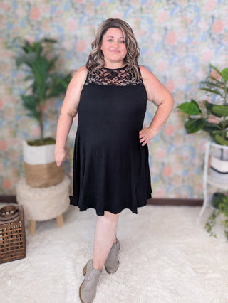 Mayson Lace Topped Sleeveless Dress in Black-11- Dress/Romp/Jump-EMERALD-Styled by Stacked - A Plus Size Women's Boutique in Lakeville, MN