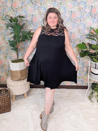 Mayson Lace Topped Sleeveless Dress in Black-11- Dress/Romp/Jump-EMERALD-Styled by Stacked - A Plus Size Women's Boutique in Lakeville, MN