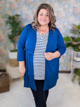 Darla Babydoll 3/4 Sleeve Cardigan in Navy-4- Overlayer Tops-HEIMISH-Styled by Stacked - A Plus Size Women's Boutique in Lakeville, MN