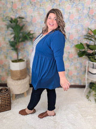 Darla Babydoll 3/4 Sleeve Cardigan in Navy-4- Overlayer Tops-HEIMISH-Styled by Stacked - A Plus Size Women's Boutique in Lakeville, MN