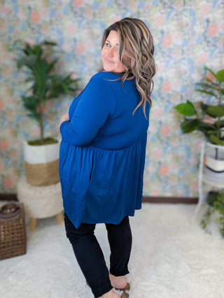 Darla Babydoll 3/4 Sleeve Cardigan in Navy-4- Overlayer Tops-HEIMISH-Styled by Stacked - A Plus Size Women's Boutique in Lakeville, MN