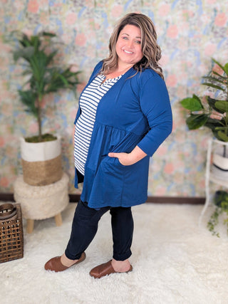 Darla Babydoll 3/4 Sleeve Cardigan in Navy-4- Overlayer Tops-HEIMISH-Styled by Stacked - A Plus Size Women's Boutique in Lakeville, MN