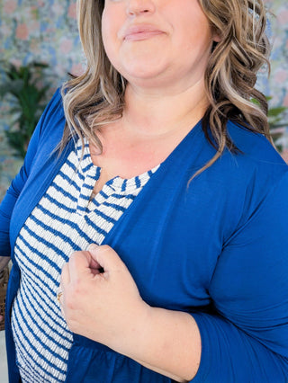 Darla Babydoll 3/4 Sleeve Cardigan in Navy-4- Overlayer Tops-HEIMISH-Styled by Stacked - A Plus Size Women's Boutique in Lakeville, MN