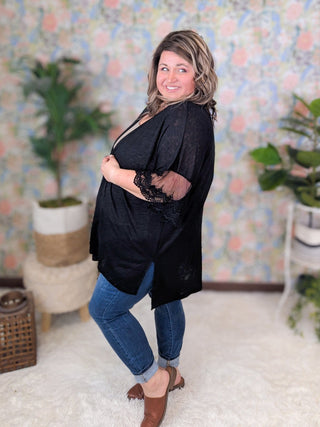 Jude Open Front Cardigan w/Lace Accent Sleeves in Black-4- Overlayer Tops-7TH RAY-Styled by Stacked - A Plus Size Women's Boutique in Lakeville, MN