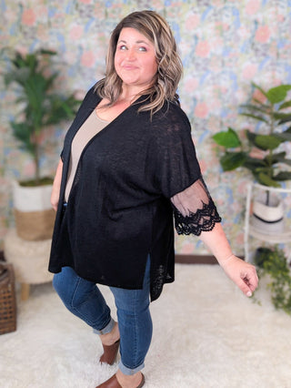 Jude Open Front Cardigan w/Lace Accent Sleeves in Black-4- Overlayer Tops-7TH RAY-Styled by Stacked - A Plus Size Women's Boutique in Lakeville, MN