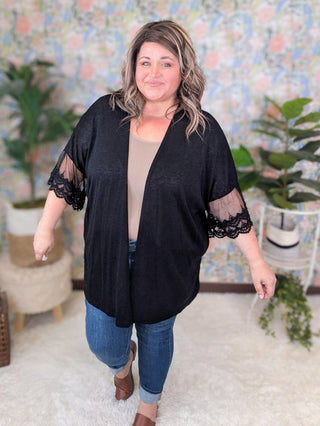 Jude Open Front Cardigan w/Lace Accent Sleeves in Black-4- Overlayer Tops-7TH RAY-Styled by Stacked - A Plus Size Women's Boutique in Lakeville, MN