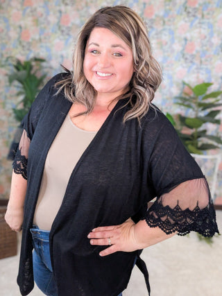 Jude Open Front Cardigan w/Lace Accent Sleeves in Black-4- Overlayer Tops-7TH RAY-Styled by Stacked - A Plus Size Women's Boutique in Lakeville, MN