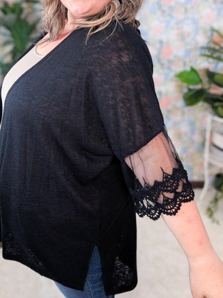 Jude Open Front Cardigan w/Lace Accent Sleeves in Black-4- Overlayer Tops-7TH RAY-Styled by Stacked - A Plus Size Women's Boutique in Lakeville, MN