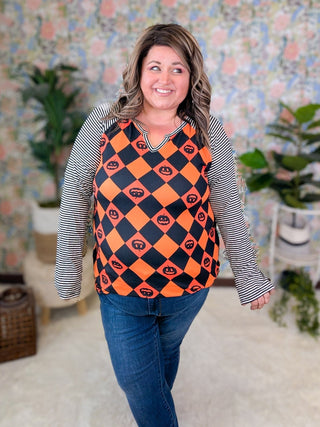 SALE- Jacko Long Sleeve Raglan in Halloween Argyle-2- Long Sleeve Tops-HEIMISH-Styled by Stacked - A Plus Size Women's Boutique in Lakeville, MN