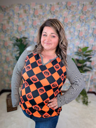 SALE- Jacko Long Sleeve Raglan in Halloween Argyle-2- Long Sleeve Tops-HEIMISH-Styled by Stacked - A Plus Size Women's Boutique in Lakeville, MN