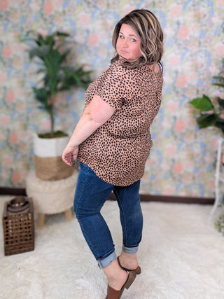 Isla Vneck Slinky Short Sleeve Top in Mocha Dot-1- ShortSlv/Slvless Tops-HEIMISH-Styled by Stacked - A Plus Size Women's Boutique in Lakeville, MN