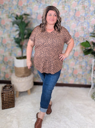 Isla Vneck Slinky Short Sleeve Top in Mocha Dot-1- ShortSlv/Slvless Tops-HEIMISH-Styled by Stacked - A Plus Size Women's Boutique in Lakeville, MN