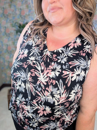 Shandi V-Neck Drawn Floral Tank on Black-1- ShortSlv/Slvless Tops-WHITE BIRCH-Styled by Stacked - A Plus Size Women's Boutique in Lakeville, MN