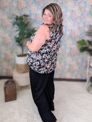 Shandi V-Neck Drawn Floral Tank on Black-1- ShortSlv/Slvless Tops-WHITE BIRCH-Styled by Stacked - A Plus Size Women's Boutique in Lakeville, MN