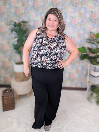 Shandi V-Neck Drawn Floral Tank on Black-1- ShortSlv/Slvless Tops-WHITE BIRCH-Styled by Stacked - A Plus Size Women's Boutique in Lakeville, MN