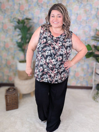 Shandi V-Neck Drawn Floral Tank on Black-1- ShortSlv/Slvless Tops-WHITE BIRCH-Styled by Stacked - A Plus Size Women's Boutique in Lakeville, MN
