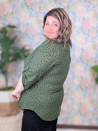 Shelbie 3/4 Sleeve Gabby Top in Olive + Dots-2- Long Sleeve Tops-HEIMISH-Styled by Stacked - A Plus Size Women's Boutique in Lakeville, MN