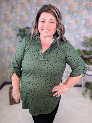 Shelbie 3/4 Sleeve Gabby Top in Olive + Dots-2- Long Sleeve Tops-HEIMISH-Styled by Stacked - A Plus Size Women's Boutique in Lakeville, MN