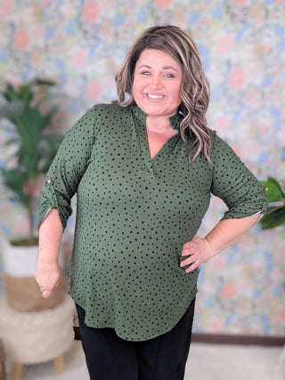 Shelbie 3/4 Sleeve Gabby Top in Olive + Dots-2- Long Sleeve Tops-HEIMISH-Styled by Stacked - A Plus Size Women's Boutique in Lakeville, MN