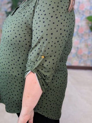 Shelbie 3/4 Sleeve Gabby Top in Olive + Dots-2- Long Sleeve Tops-HEIMISH-Styled by Stacked - A Plus Size Women's Boutique in Lakeville, MN