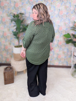 Shelbie 3/4 Sleeve Gabby Top in Olive + Dots-2- Long Sleeve Tops-HEIMISH-Styled by Stacked - A Plus Size Women's Boutique in Lakeville, MN