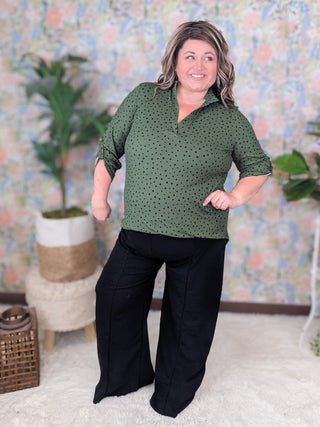 Shelbie 3/4 Sleeve Gabby Top in Olive + Dots-2- Long Sleeve Tops-HEIMISH-Styled by Stacked - A Plus Size Women's Boutique in Lakeville, MN