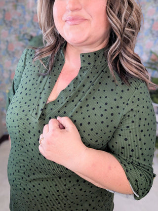 Shelbie 3/4 Sleeve Gabby Top in Olive + Dots-2- Long Sleeve Tops-HEIMISH-Styled by Stacked - A Plus Size Women's Boutique in Lakeville, MN