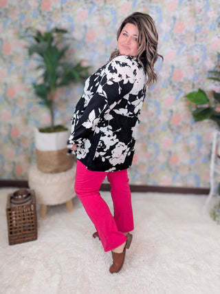 Jessa Slinky Babydoll in Black + White Floral-2- Long Sleeve Tops-HEIMISH-Styled by Stacked - A Plus Size Women's Boutique in Lakeville, MN