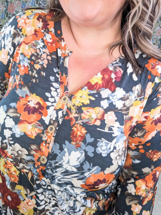 Mina Long Sleeve Button Babydoll in Fall Floral-2- Long Sleeve Tops-HEIMISH-Styled by Stacked - A Plus Size Women's Boutique in Lakeville, MN