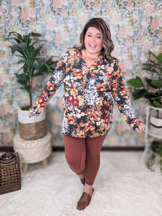 Mina Long Sleeve Button Babydoll in Fall Floral-2- Long Sleeve Tops-HEIMISH-Styled by Stacked - A Plus Size Women's Boutique in Lakeville, MN