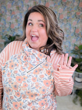 PHC- Triple Stretch ZipCowl Pullover in Faded Rust Floral + Stripe-3- Hooded Tops-Michelle Mae-Styled by Stacked - A Plus Size Women's Boutique in Lakeville, MN