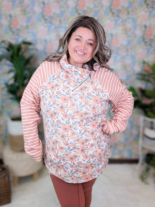 PHC- Triple Stretch ZipCowl Pullover in Faded Rust Floral + Stripe-3- Hooded Tops-Michelle Mae-Styled by Stacked - A Plus Size Women's Boutique in Lakeville, MN