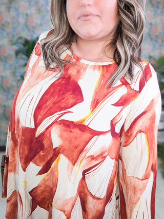 Dominique Long Sleeve Watercolor Painted Top in Rust, Ivory + Gold-2- Long Sleeve Tops-Shopin LA-Styled by Stacked - A Plus Size Women's Boutique in Lakeville, MN