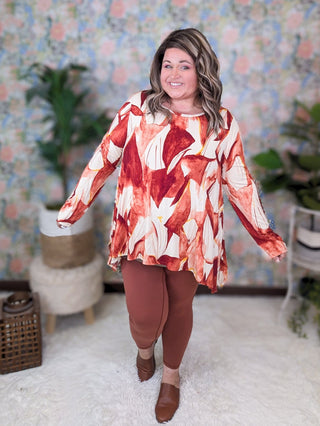Dominique Long Sleeve Watercolor Painted Top in Rust, Ivory + Gold-2- Long Sleeve Tops-Shopin LA-Styled by Stacked - A Plus Size Women's Boutique in Lakeville, MN