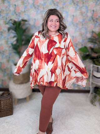 Dominique Long Sleeve Watercolor Painted Top in Rust, Ivory + Gold-2- Long Sleeve Tops-Shopin LA-Styled by Stacked - A Plus Size Women's Boutique in Lakeville, MN
