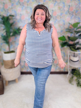 Stella Sweater Knit Slit Neck Tank in Stripes-1- ShortSlv/Slvless Tops-MICHELLE MAE-Styled by Stacked - A Plus Size Women's Boutique in Lakeville, MN