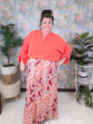Chelsie Pull On Maxi Skirt in Orange + Fuchsia Boho-10- Bottoms Non-Denim-WHITE BIRCH-Styled by Stacked - A Plus Size Women's Boutique in Lakeville, MN